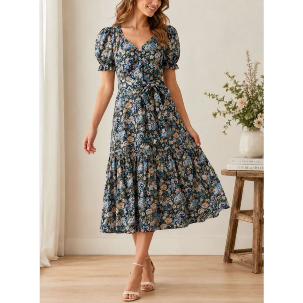 ANTONIO MELANI Blue Floral Midi Dress with Puff Sleeves